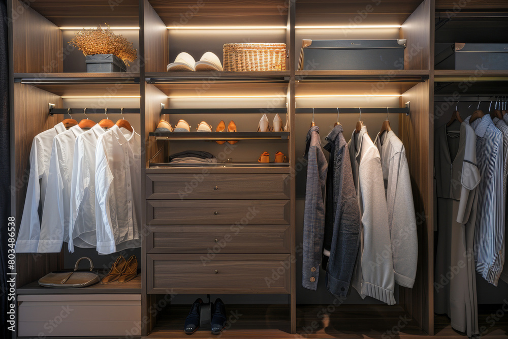 A contemporary closet design featuring a mix of open shelving, hanging spaces, and drawers, with a focus on versatile storage options for a variety of clothing items and accessories - Generative AI A contemporary closet design featuring a mix of open shelving, hanging spaces, and drawers, with a focus on versatile storage options for a variety of clothing items and accessories - Generative AI