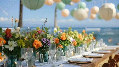 A formal dining setup featuring a lengthy table adorned with various plates and vases, ready for a sophisticated event or gathering, Summer beach themed wedding photo