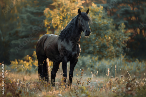 An image showcasing a powerful black stallion standing majestically in a wild  natural setting  emphasizing its strength and freedom - Generative AI