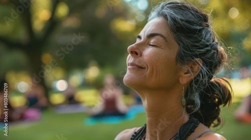 A blond woman is sitting on the grass in a park, meditating with her eyes closed. She looks happy and peaceful, enjoying the summer leisure time in nature AIG50