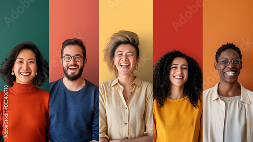 An engaging image featuring individuals of different ages and backgrounds smiling warmly at the camera from a waist-length perspective against a neutral backdrop, radiating positiv