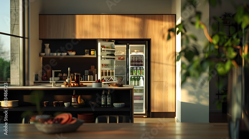 
A minimal design kitchen, set with a modern refrigerator half open in the middle, no humans, just furniture, black and wood materials, daytime light, + Hasselblad H6D + high definition + 8k + cinemat photo