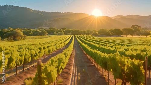 Wallpaper Mural The golden sun sets behind rows of grapevines in a picturesque vineyard, creating a warm and peaceful ambiance, Sunrise casting long shadows over a peaceful vineyard Torontodigital.ca