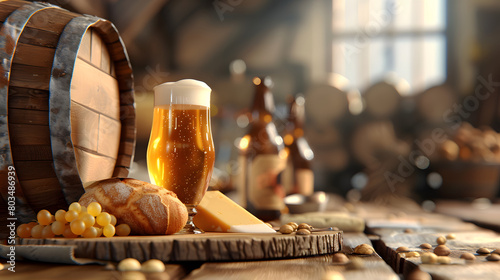 
Beer's in oak beer barrel and brie de meux, epoisse, comte background with copy space for text, front view. world beer day background with copy space for text. brown table background 3d rendering 4k  photo