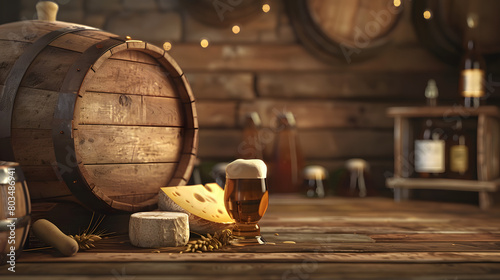 
Beer's in oak beer barrel and brie de meux, epoisse, comte background with copy space for text, front view. world beer day background with copy space for text. brown table background 3d rendering 4k  photo