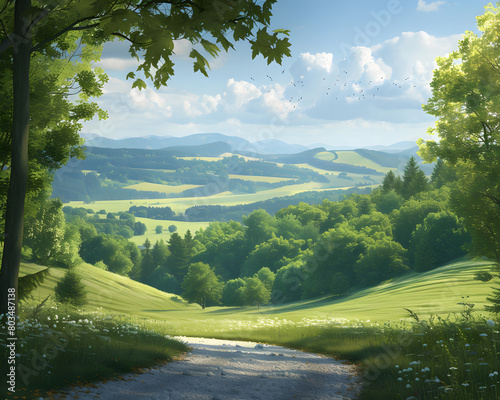  Create a photorealistic landscape scene of the Kraichgau region by day. The picture should show rolling hills surrounded by lush forests. The atmosphere should be cheerful and inviting, with a bright