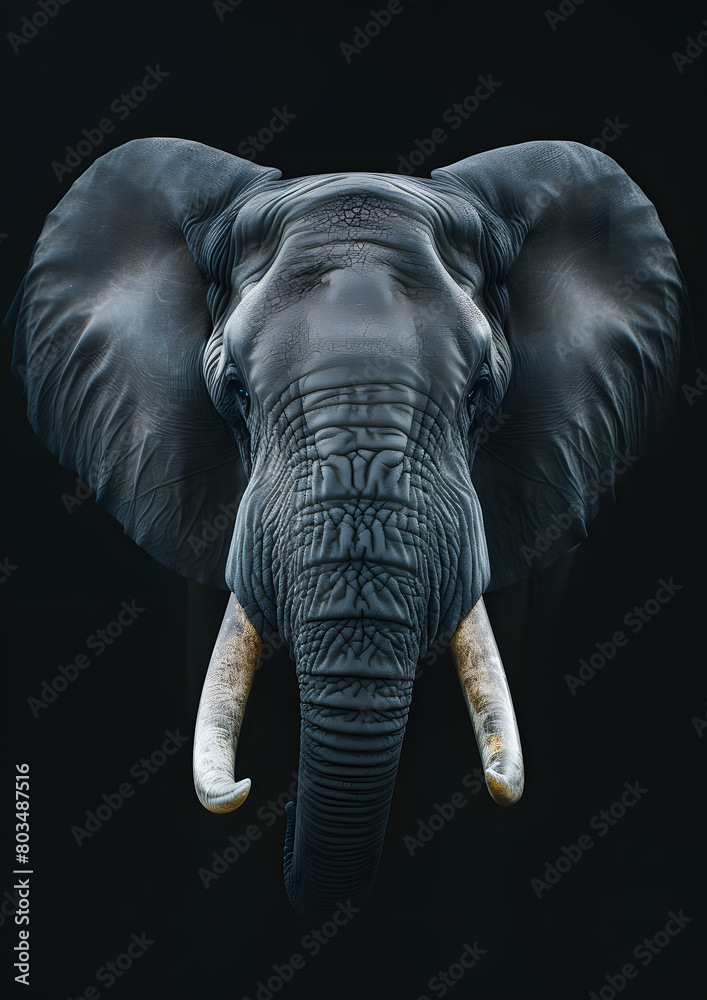 image of a hyper realistic head of a elephant looking in the camera on a deep black background, ultra realistic, ultra sharp 4K