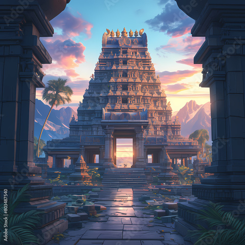 Awe-inspiring Traditional Temple with Mountainous Backdrop and Radiant Sunset photo