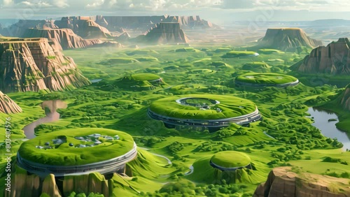 Aerial View of a Lush Green Valley With Curving River and Rolling Hills, Terraformed Martian landscape with settlements and greenery photo