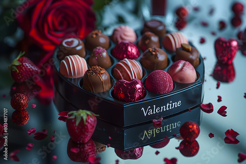 Red Heart shaped box of chocolate for Valentine's Day. Pure and red chocolats. Box stands on a reflective mirror. Next to the red heart shaped box is a deep red rose and also some random shaped chocla photo