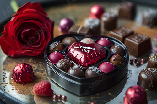 Red Heart shaped box of chocolate for Valentine's Day. Pure and red chocolats. Box stands on a reflective mirror. Next to the red heart shaped box is a deep red rose and also some random shaped chocla photo