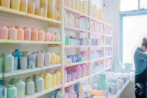 Shot of bright studio with shelves of pastel ceramics and a person glazing