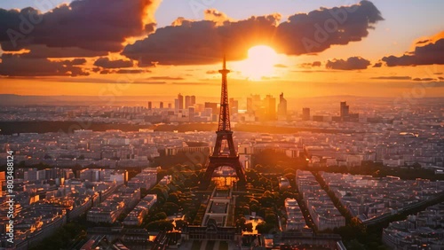 The Eiffel Tower Dominating the Skyline of Paris, The Eiffel Tower peeking out from the Paris cityscape, from a bird's eye view photo