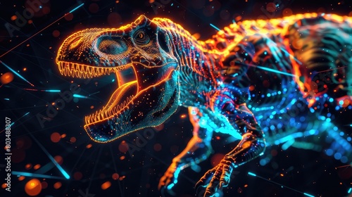 T-Rex Tyrannosaurus Rex Animal Plexus Neon Black Background Digital Desktop Wallpaper HD 4k Network Light Glowing Laser Motion Bright Abstract