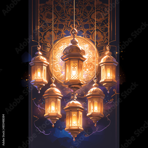 A captivating illustration of festive lanterns with Arabic calligraphy, symbolizing the joy and tradition of Eid Al Fitr.