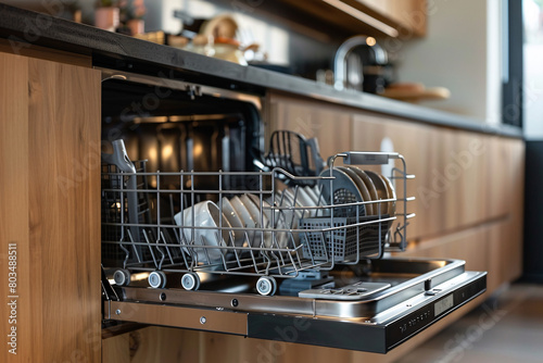 An open dishwasher filled with dishes in a modern kitchen