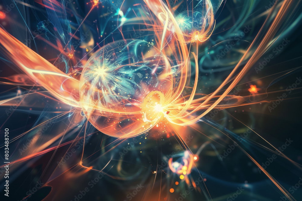 The collision of atomic particles, such as might occur in a particle accelerator - Generative AI The collision of atomic particles, such as might occur in a particle accelerator - Generative AI