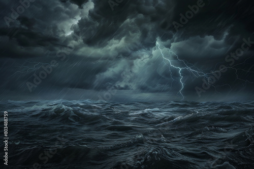 An image depicting a dramatic thunderstorm approaching over the sea, emphasizing the dark clouds, lightning strikes, and the turbulent waters - Generative AI
