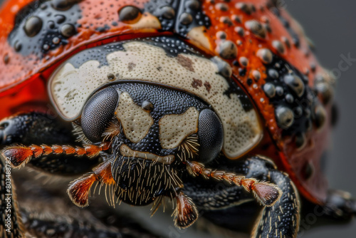 The intricate details of a ladybug through macro photography, emphasizing the textures and patterns of its shell and the delicate structure of its legs and antennae - Generative AI