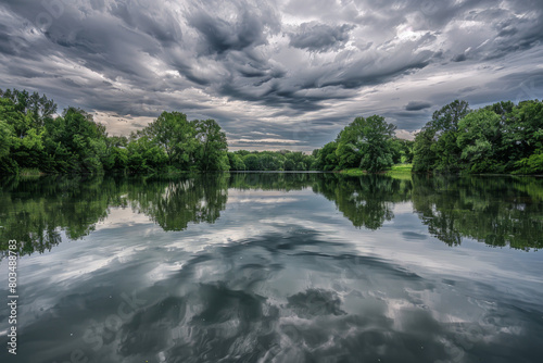 The moody reflections of cloudy skies in water, focusing on a lake, river, or puddle that mirrors the overcast atmosphere above - Generative AI