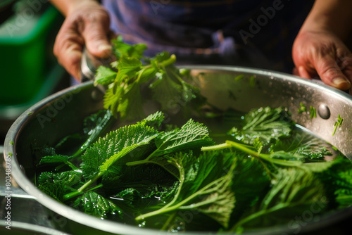 The process of using nettles in a culinary context focusing on a dish being prepared with fresh nettles, such as nettle soup or pasta - Generative AI