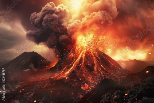 An image showcasing the dramatic and powerful explosion of a volcano, with lava spewing into the air and ash clouds billowing into the sky - Generative AI	