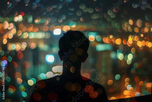 An image showcasing the view of city lights at night through the eyes of a drunk and depressed man, emphasizing the blur and distortion of lights and shapes - Generative AI	