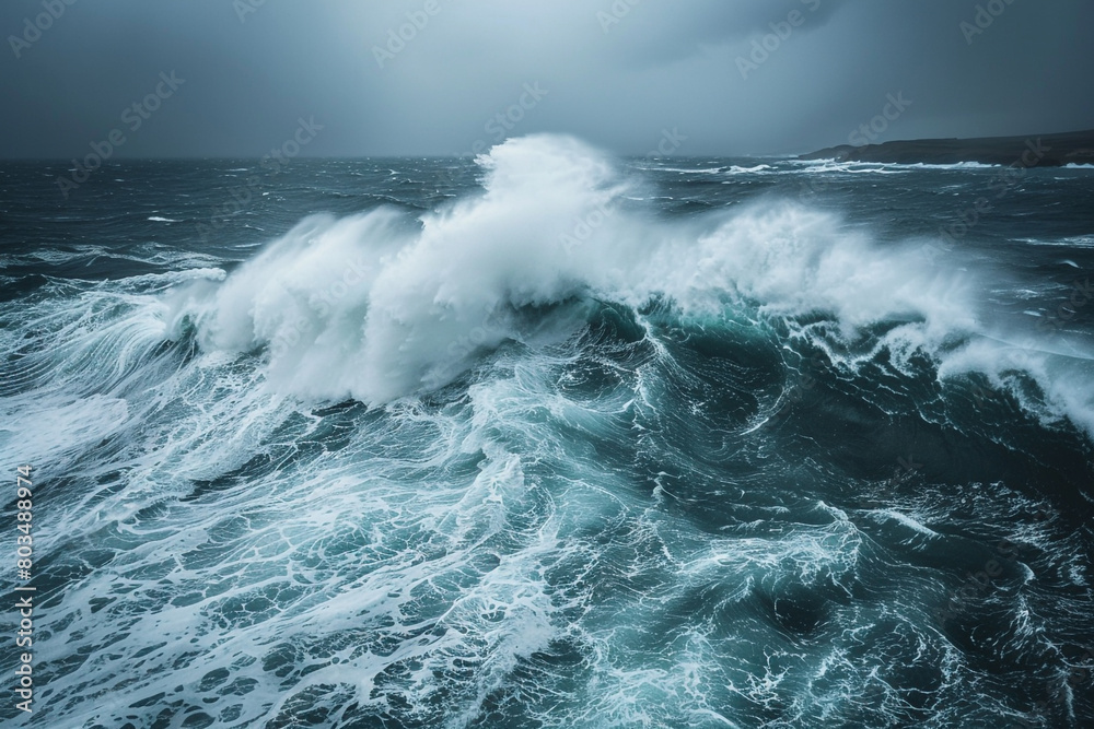 Powerful waves crashing against a stormy coastline.