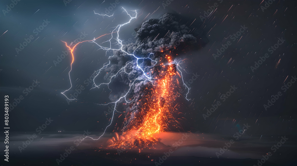 A powerful image of a volcanic lightning storm, where electric charges ...