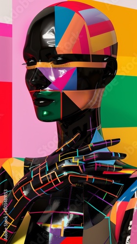 Abstract mannequin portrait with vibrant geometric background © Denys