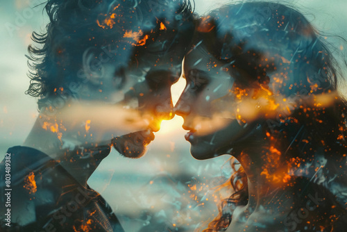 Double-exposure photo of a couple in love and nature