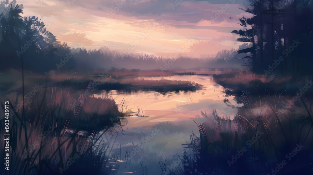 A quiet marsh at twilight, the last light of the day casting long shadows and soft, muted colors across the peaceful landscape
