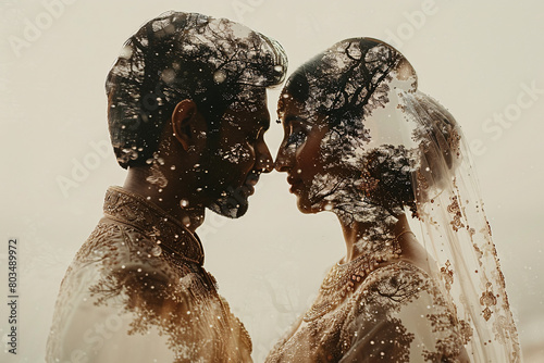 Double-exposure image of a beautiful Indian bride and groom and plants and trees photo