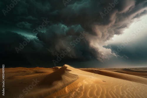 Sand swirling in the wind and ominous clouds over a stormy desert landscape.
