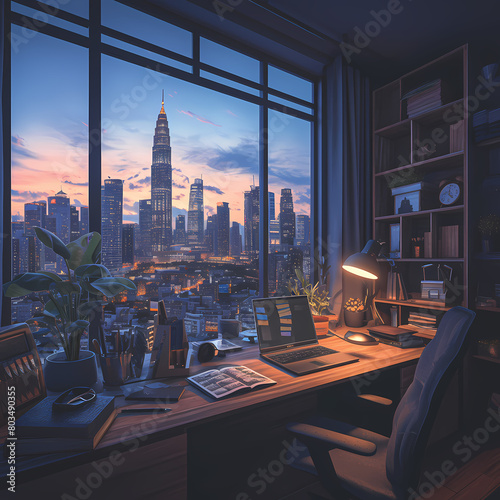 Elegant Workspace with Sweeping Panoramic Views of a Modern Metropolis - 200 characters