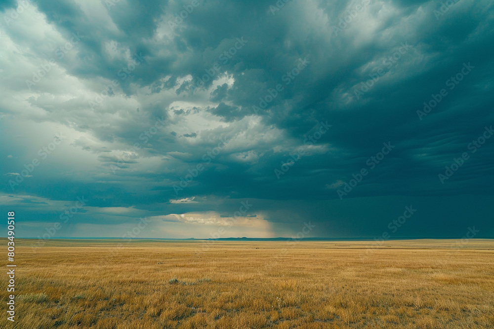 Stormy skies over a vast, open plain, hinting at the power of nature.