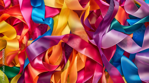 background with ribbons, Multicolored narrow satin ribbons spread out in a chaotic manner on a white background. Abstract rainbow background. Horizontal photo.