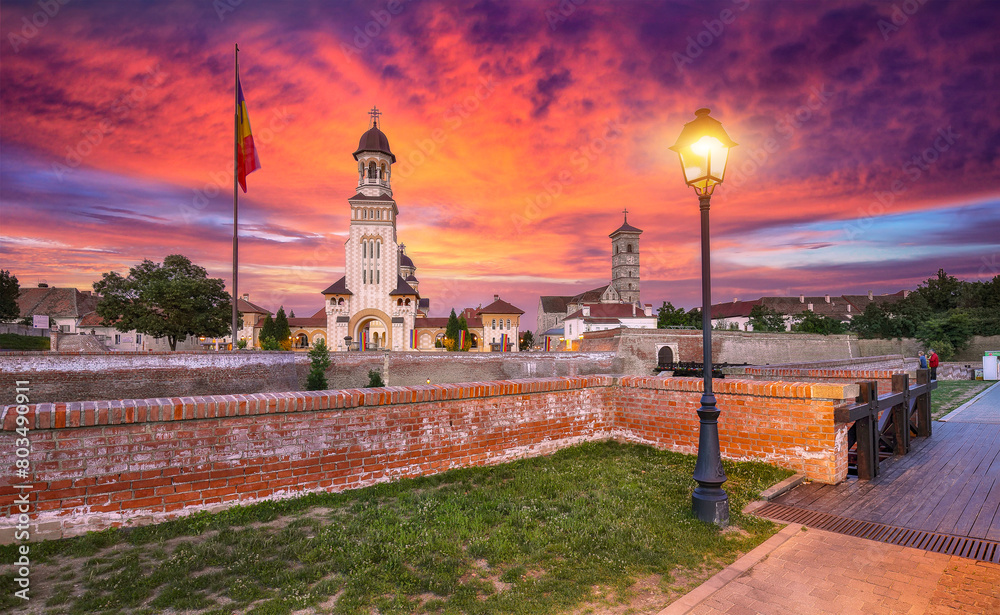 Amazing cityscape of Coronation Orthodox and Roman Catholic cathedrals inside fortified Alba Carolina Fortres