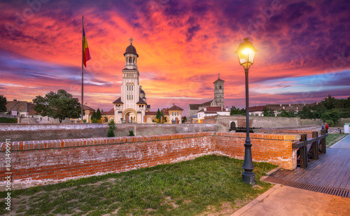 Amazing cityscape of Coronation Orthodox and Roman Catholic cathedrals inside fortified Alba Carolina Fortres
