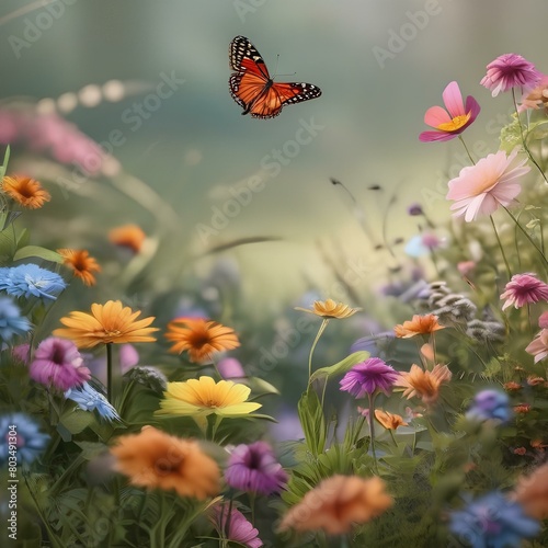 Set of whimsical meadows with colorful flowers and fluttering butterflies3