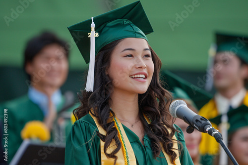 A young female Asian valedictorian giving a speech at her college graduation photo