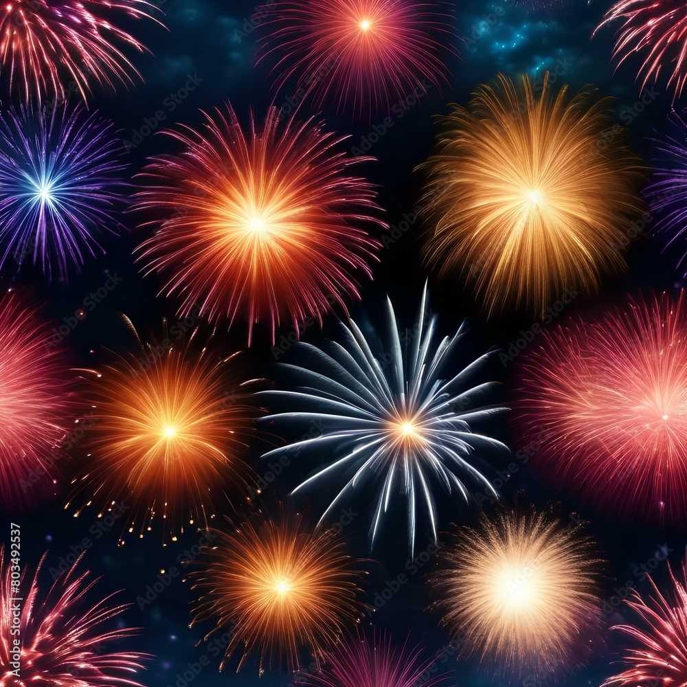 Fototapeta premium Set of vibrant fireworks exploding in the night sky3