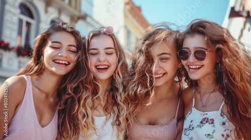 Group of beautiful young girls having fun together. Summer happy time in the city. Friends walking, smiling