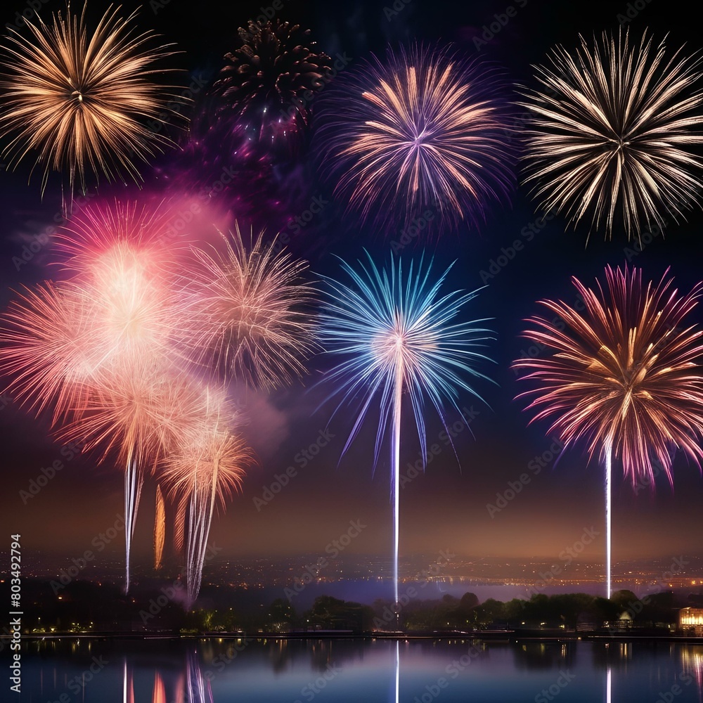 Set of vibrant fireworks exploding in the night sky2