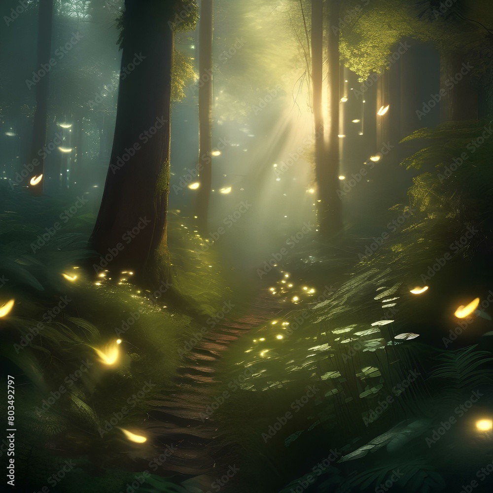 Set of enchanting forests with glowing fireflies and sparkling streams1