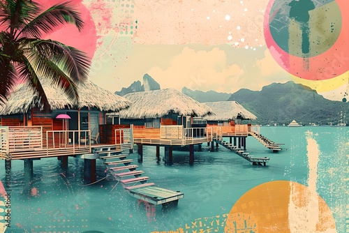 Water bungalows in a turquoise sea with palm trees. Contemporary art collage. Summer vacation and travel concept. Retro aesthetics, vintage. Design for poster, print