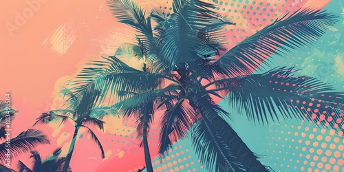 Tropical palm trees collage background. Contemporary art. Summer vacation and travel concept. Retro aesthetics, vintage. Design for banner, print, wallpaper photo