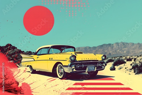 Classic car with luggage on beach. Contemporary art collage. Summer vacation and travel concept. Retro aesthetics. Illustration for poster, print, design. Road trip