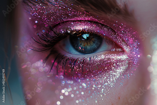 The delicate intricacies and sparkling effect of a woman's eye with glittery pink eyeshadow, adding a touch of glamour.