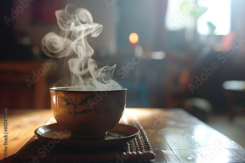 The gentle steam rising from a cup of bitter gourd tea, creating a cozy and comforting ambiance. photo